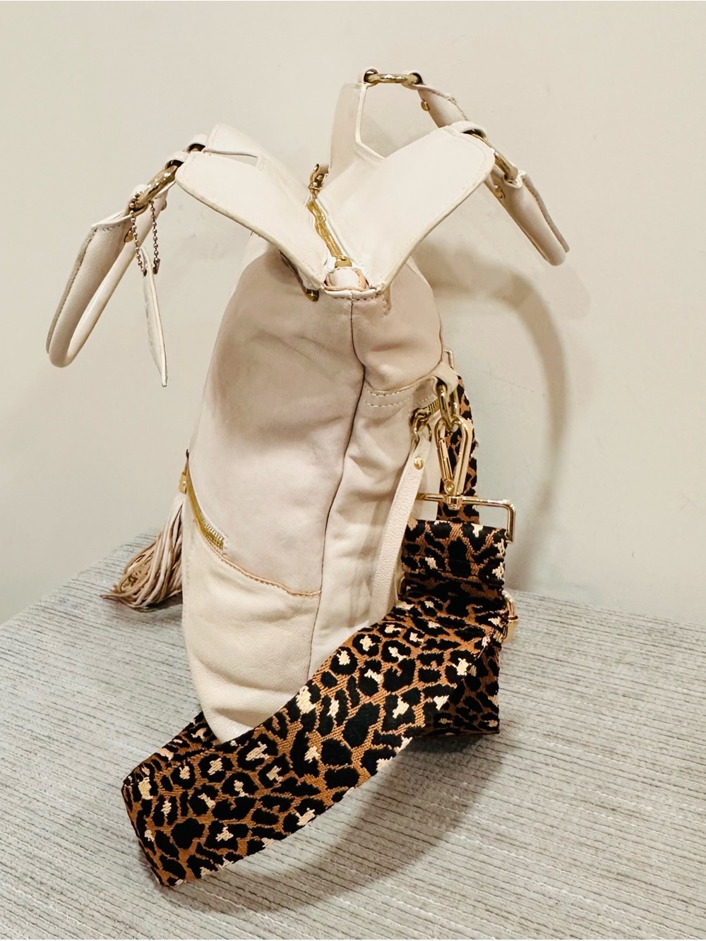 Sorial New York Leather Convertible Backpack Tote Bag Ivory Bamboo Leopard Cream - Picture 8 of 15